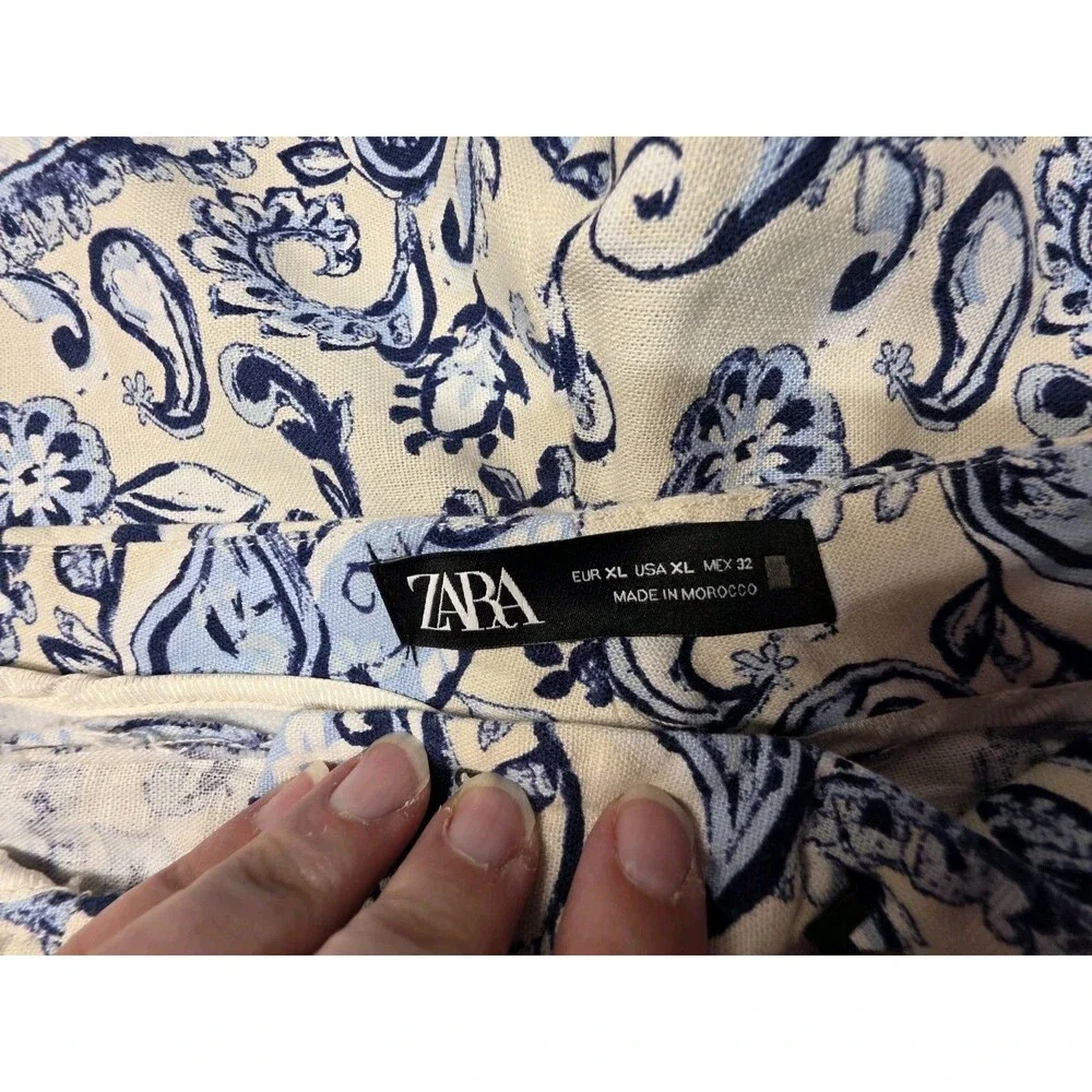 Zara Wide Leg Linen Pants Paisley Blue And White Size XL